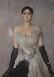 Ritratto di una signora in bianco con guanti e ventaglio (dettaglio)