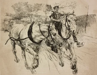 Carrozze di rinforzo per cavalli, incisione dal disegno originale di Giovanni Boldini, dal suo dipinto, da L