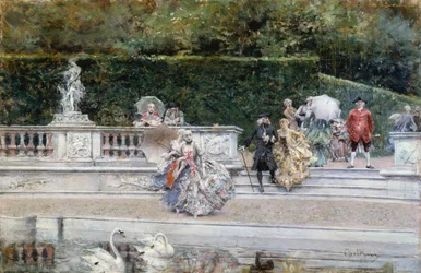 Vista del giardino di Versailles con persone vestite in abiti del XVIII secolo, di Giovanni Boldini