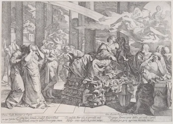 Il suicidio di Didone, distesa su una pira al centro e circondata da molte figure, 1650-55.