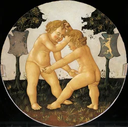 Putti che giocano, dettaglio dal retro di un vassoio di nascita (dipinto rotondo), circa 1450