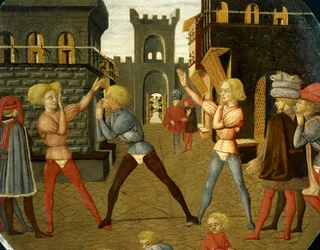 Gioco chiamato civettino, dettaglio dal fronte del vassoio di nascita (dipinto rotondo), circa 1450