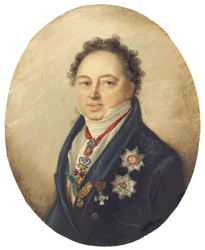 Conte Dmitry Pavlovich Tatishchev, rivolto a sinistra in cappotto blu, panciotto bianco e cravatta