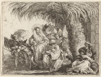 Giuseppe inginocchiato con il bambino davanti a Maria sull