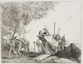 Maria, aiutata da Giuseppe e un angelo, scende dalla barca, tavola diciotto da La fuga in Egitto