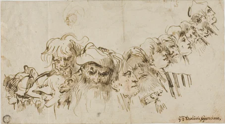 Schizzi di teste maschili (recto); regina e paggio (verso)