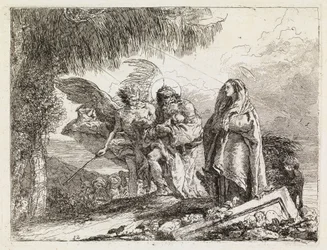 La Sacra Famiglia accompagnata da un angelo (La fuga in Egitto XII)