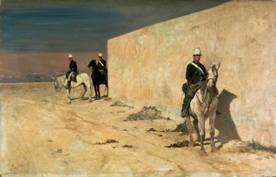 La vedetta (Il muro bianco). Cavalieri di guardia davanti a un muro bianco nel deserto. Dipinto di Giovanni Fattori (1825-1908)