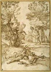 Paesaggio con due pastorelli che riposano, mentre un satiro e una capra danzano