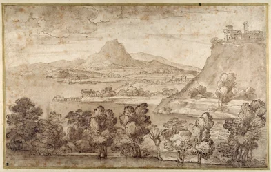 Paesaggio con una città collinare e una montagna più distante