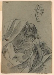 Studi di disegno con volto di donna e uomo sdraiato, e mano destra con avambraccio