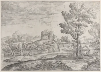 Una casa sopra una roccia rotonda al centro, persone nel fiume e in canoe, 1626-80