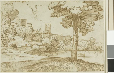 Paesaggio con un grande albero a destra e una vista lontana di una città a sinistra