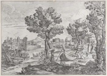 Paesaggio con un uomo che tiene un serpente davanti a un bambino terrorizzato, osservato da una donna alla moda, 1626-80