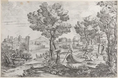 Paesaggio con un uomo che tiene un serpente a un bambino terrorizzato, osservato da una moda..., 1626-80