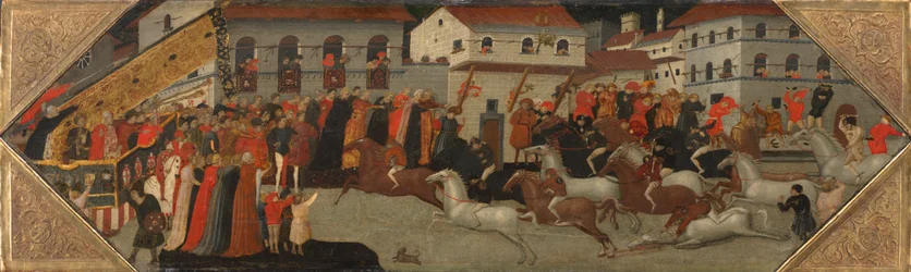 Pannello da un Cassone: La corsa del Palio nelle strade di Firenze