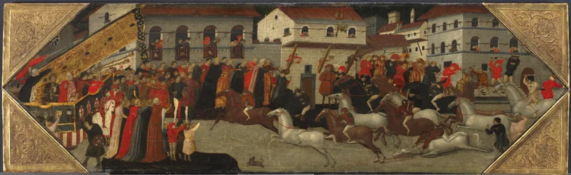 Pannello da un Cassone: La Corsa del Palio nelle Strade di Firenze, 1418