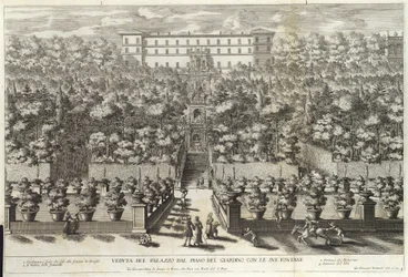 Veduta del Palazzo dal Piano del Giardino con le sue Fontane, da La Fontane, pub. c 1691