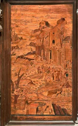 Genova, Duomo (Cattedrale di San Lorenzo), interno, abside, coro, lato nord: "Mosè salvato dalle acque", intarsio in legno di Giovanni Francesco Zambelli (XVI secolo)
