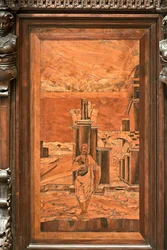 Genova, Duomo (Cattedrale di San Lorenzo), interno, abside, coro, lato nord: "Il Battista nel deserto", intarsio in legno di Giovanni Francesco Zambelli (XVI secolo)