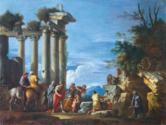 Rovina di un tempio con Pitagora che emerge dall