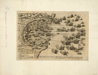 VERO DISEGNO DELLA GRAN VITORIA CONTRA LARMATA TVRCHA LI. 15. MAGIO 1649 Nel porto di Focchie in asia da. 17. Ga:ni della Sere:ma Re.a di Venetia Comandati dal Ecc:mo Gia.mo Riua Capitan de detti Galeoni Vittoria Veramente Gloriosa