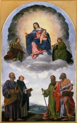 Madonna in gloria con il Bambino Gesù, due angeli musicisti, San Pietro, San Domenico, San Paolo e San Girolamo (Pala di Pesaro)