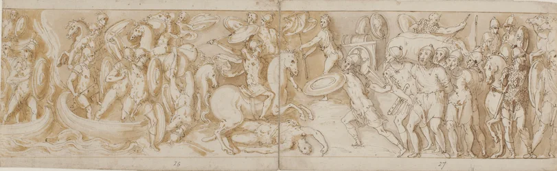 Soldati romani che attraversano un fiume in barche (in gran parte restaurato; XXXIV)2; un soldato romano combattente (dalla fine di XXIV); guardie romane che portano prigionieri barbari davanti all