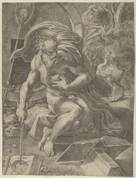 Diogene seduto con il suo barile dietro di lui, e legge un libro tenendo un bastone