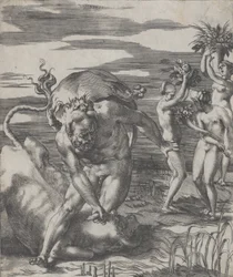 Ercole che sconfigge il dio del fiume Acheloo in forma di toro, con tre donne