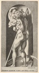 Saturno in una nicchia che divora suo figlio, davanti a una falce, da una serie di...