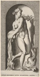 Tavola 6: Teti in piedi in una nicchia con una conchiglia e una creatura marina, che versa acqua, 1526