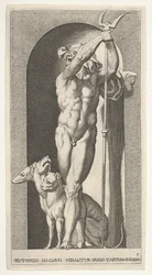 Tavola 7: Plutone in una nicchia, con un bidente, con Cerbero accanto a lui, da una serie di..., 1526