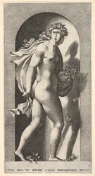 Tavola 8: Proserpina, in piedi in una nicchia, girata a destra mentre tiene il mantello in bo..., 1526