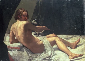Giovane uomo sdraiato su un letto con un gatto, 1620