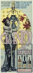 Poster pubblicitario della distilleria di liquori Gio Buton e C Bologna