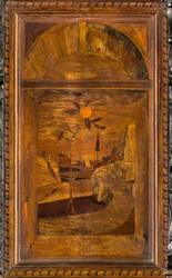 Coro canonico ligneo, intarsiato da Giovanni Maria Platina 1484, stallo superiore