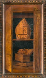 Coro canonico ligneo, intarsiato da Giovanni Maria Platina 1484, stallo superiore