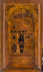 Coro canonico ligneo, intarsiato da Giovanni Maria Platina 1484, stallo superiore