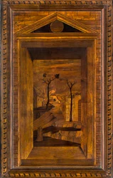 Coro canonico ligneo, intarsiato da Giovanni Maria Platina 1484, stallo superiore