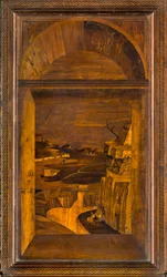 Coro canonico ligneo, intarsiato da Giovanni Maria Platina 1484, stallo superiore