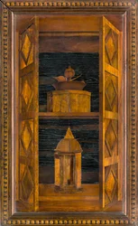 Coro canonico ligneo, intarsiato da Giovanni Maria Platina 1484, stallo superiore