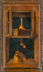 Coro canonico ligneo, intarsiato da Giovanni Maria Platina 1484, stallo superiore