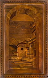 Coro canonico ligneo, intarsiato da Giovanni Maria Platina 1484, stallo superiore