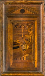 Coro canonico ligneo, intarsiato da Giovanni Maria Platina 1484, Stallo superiore