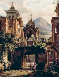 Esterno di antica abbazia con persone