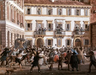 Il generale Domenico Pino arringa gli insorti nella piazza del Teatro dei Filodrammatici a Milano il 20/04/1811