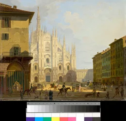 Vista di Piazza Duomo a Milano, Italia (Piazza del Duomo a Milano) Dipinto di Giovanni Migliara (1785-1837) 1828 Collezione privata