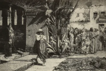 Maddalena, donna con turbante e processione in villaggio mediorientale, incisione dei fratelli Cantagalli da dipinto di Giovanni Muzzioli (1854-1894), Modena, Italia da L