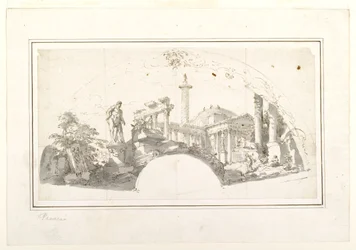 Design per un ventaglio: Capriccio con rovine romane ed Ercole Farnese